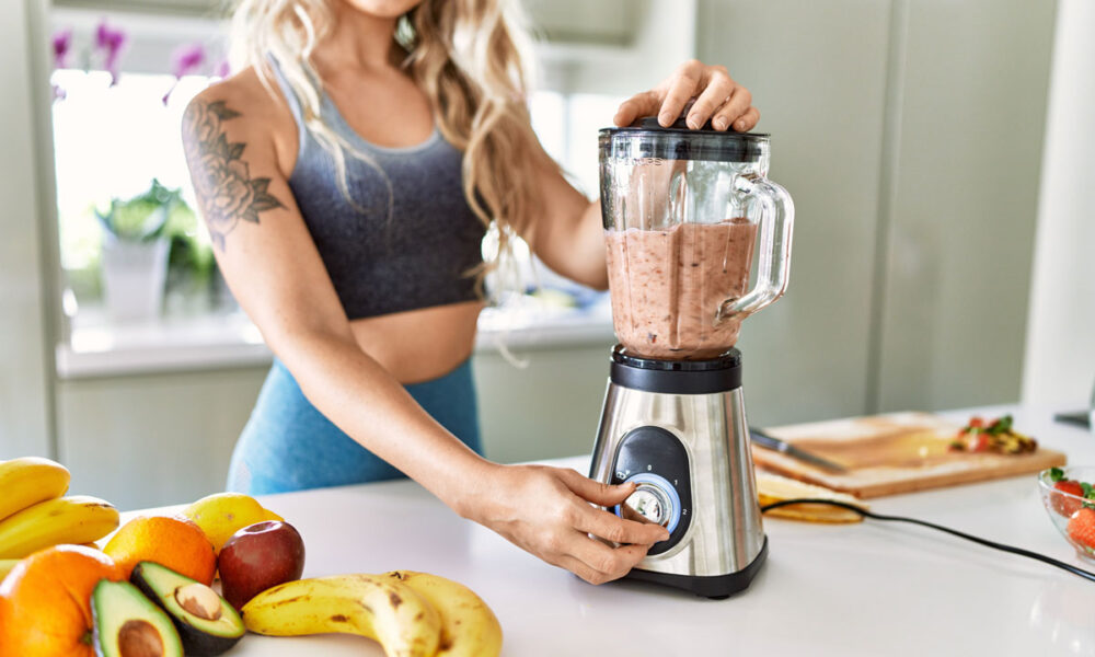 A selection of 10 healthy snacks including yogurt parfait, avocado toast, trail mix, and smoothie for an active lifestyle