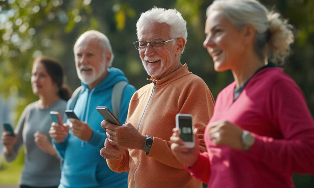 Group of retirees using wellness gadgets like smartwatches and fitness trackers to improve their health.