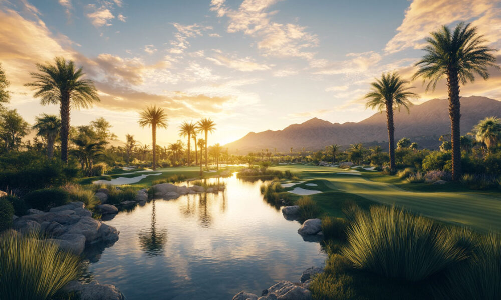 Golfer on a scenic Coachella Valley golf course with mountains in the background