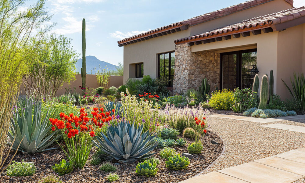 Beautiful desert-friendly landscaping in Coachella Valley with native plants, gravel pathway, and shaded seating area